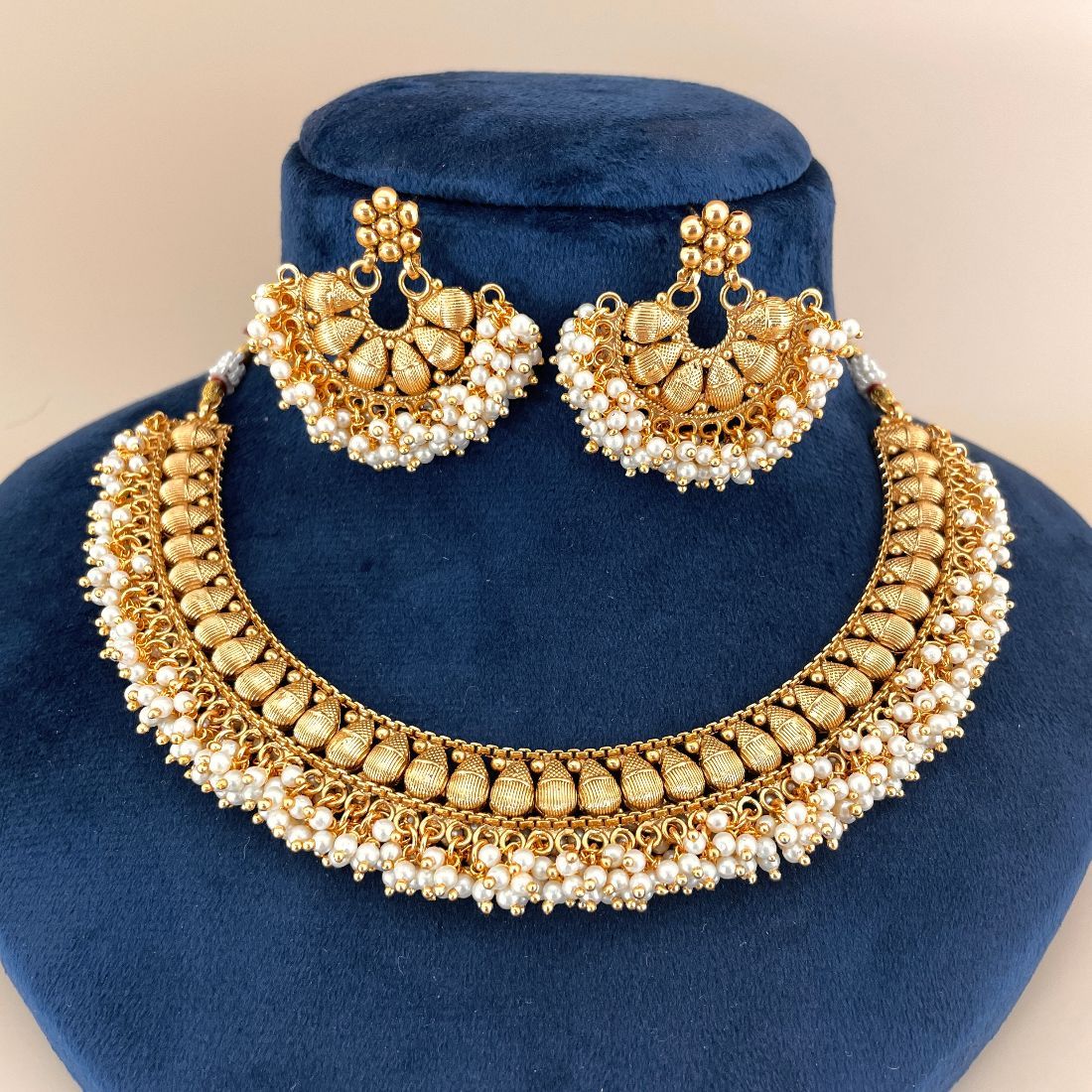 Gold-Plated South Indian Guttapusalu Choker Necklace Set