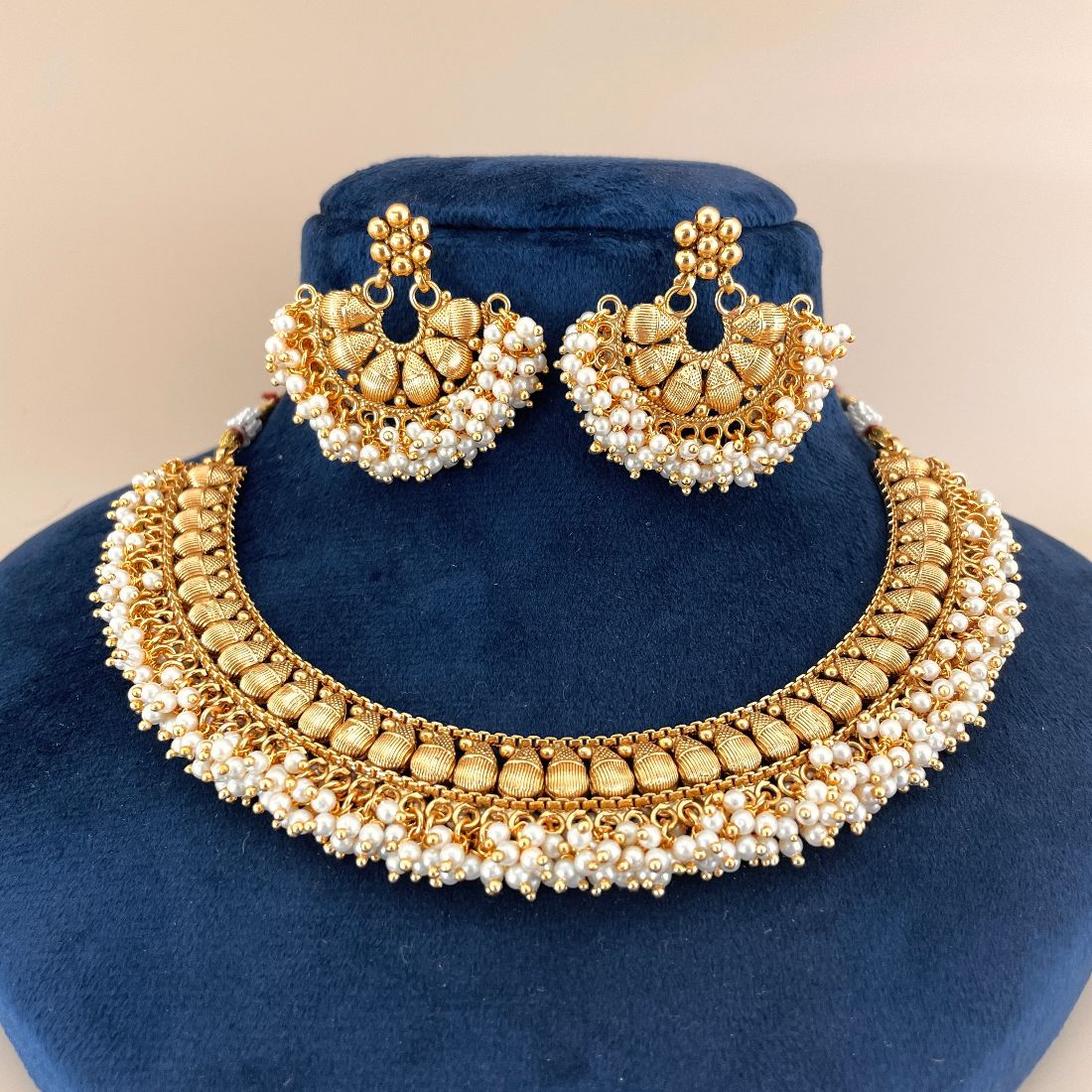 Gold-Plated South Indian Guttapusalu Choker Necklace Set