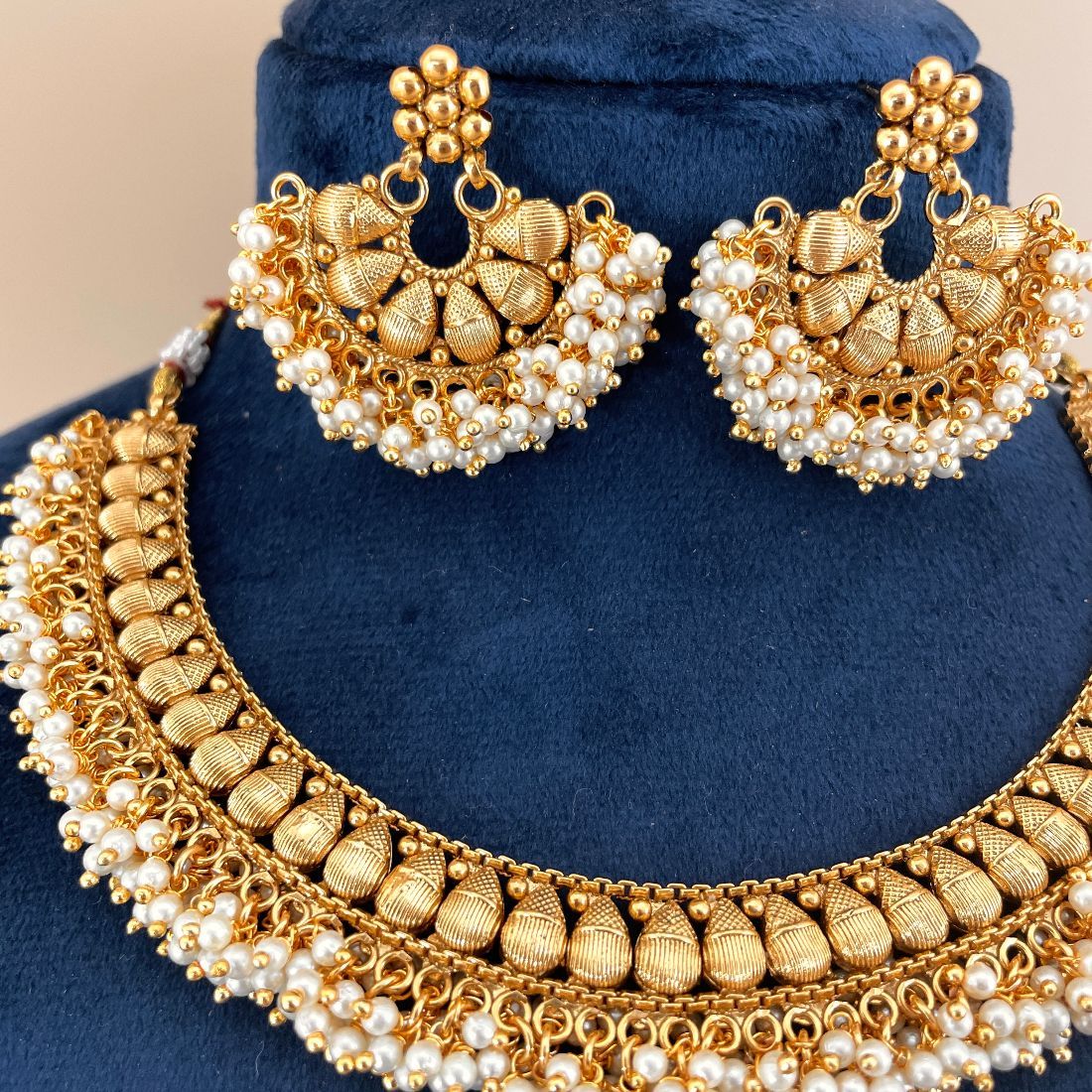 Gold-Plated South Indian Guttapusalu Choker Necklace Set