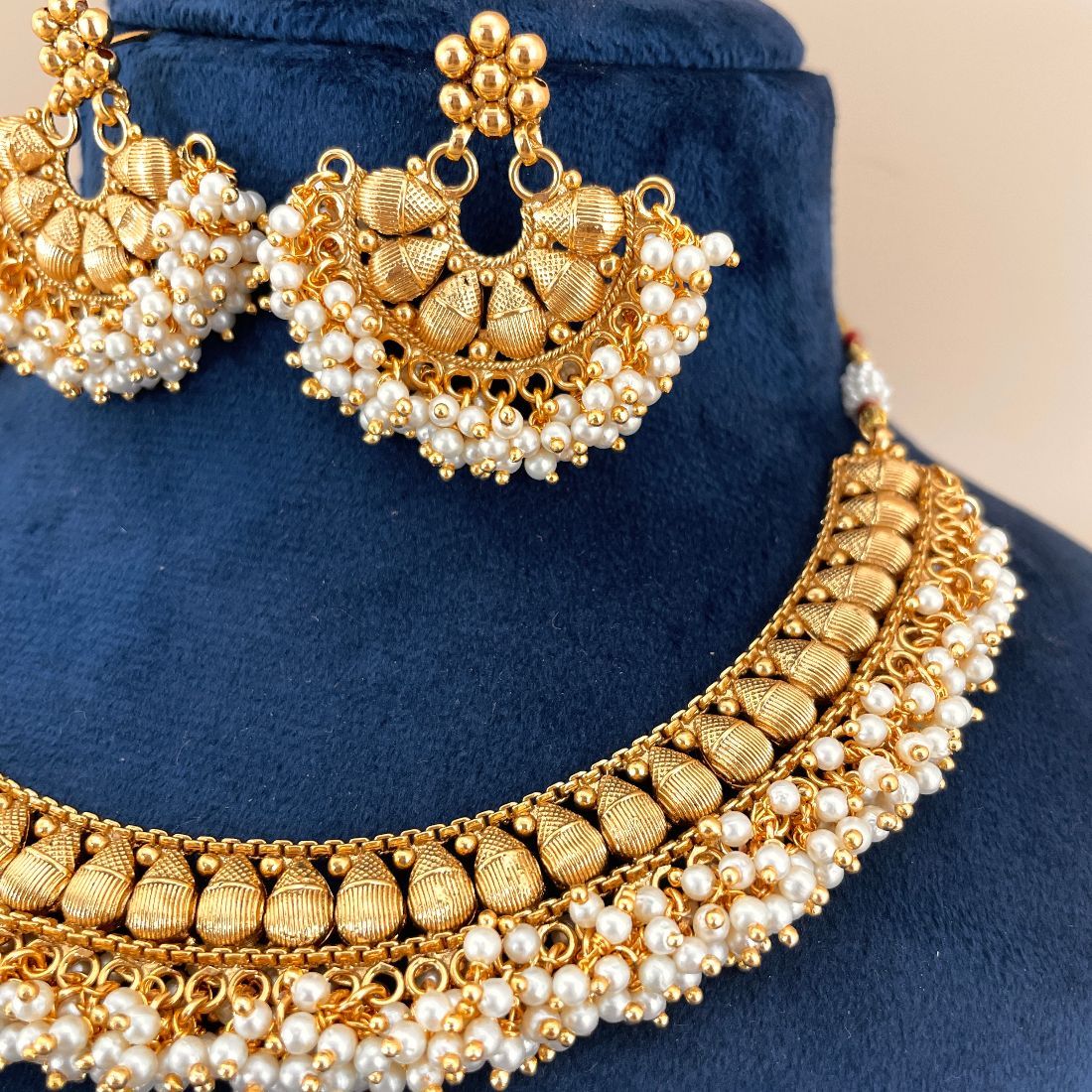 Gold-Plated South Indian Guttapusalu Choker Necklace Set