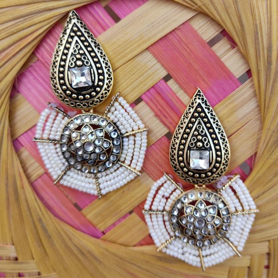 Gold-Plated Beaded Stone-Studded Dangler Earrings (MERDRP191)