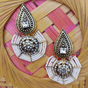 Gold-Plated Beaded Stone-Studded Dangler Earrings (MERDRP191)