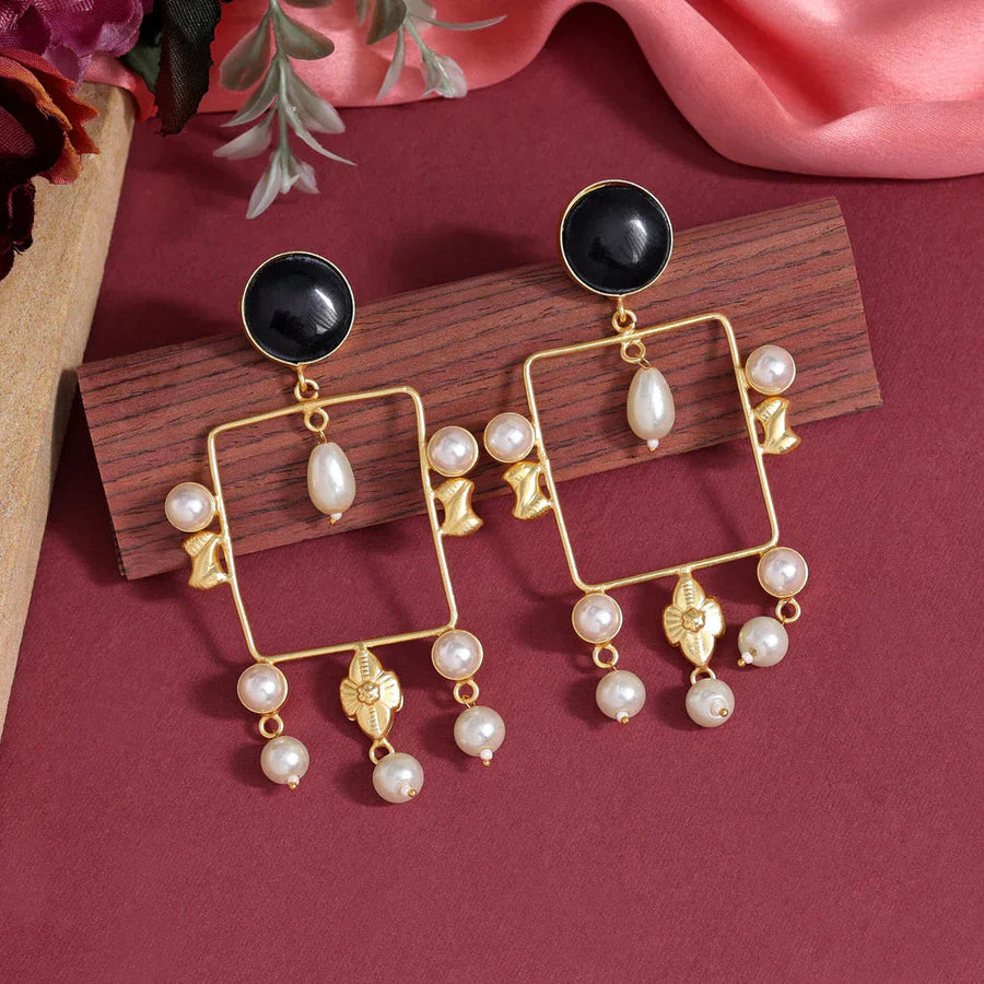 Gold-Plated Black Stone & Pearl Studded Amrapali Earrings