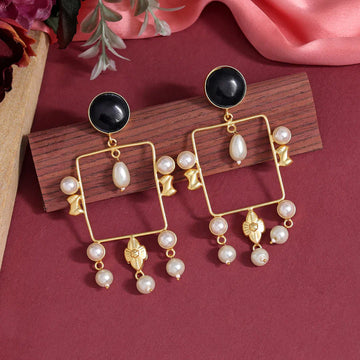 Gold-Plated Black Stone & Pearl Studded Amrapali Earrings