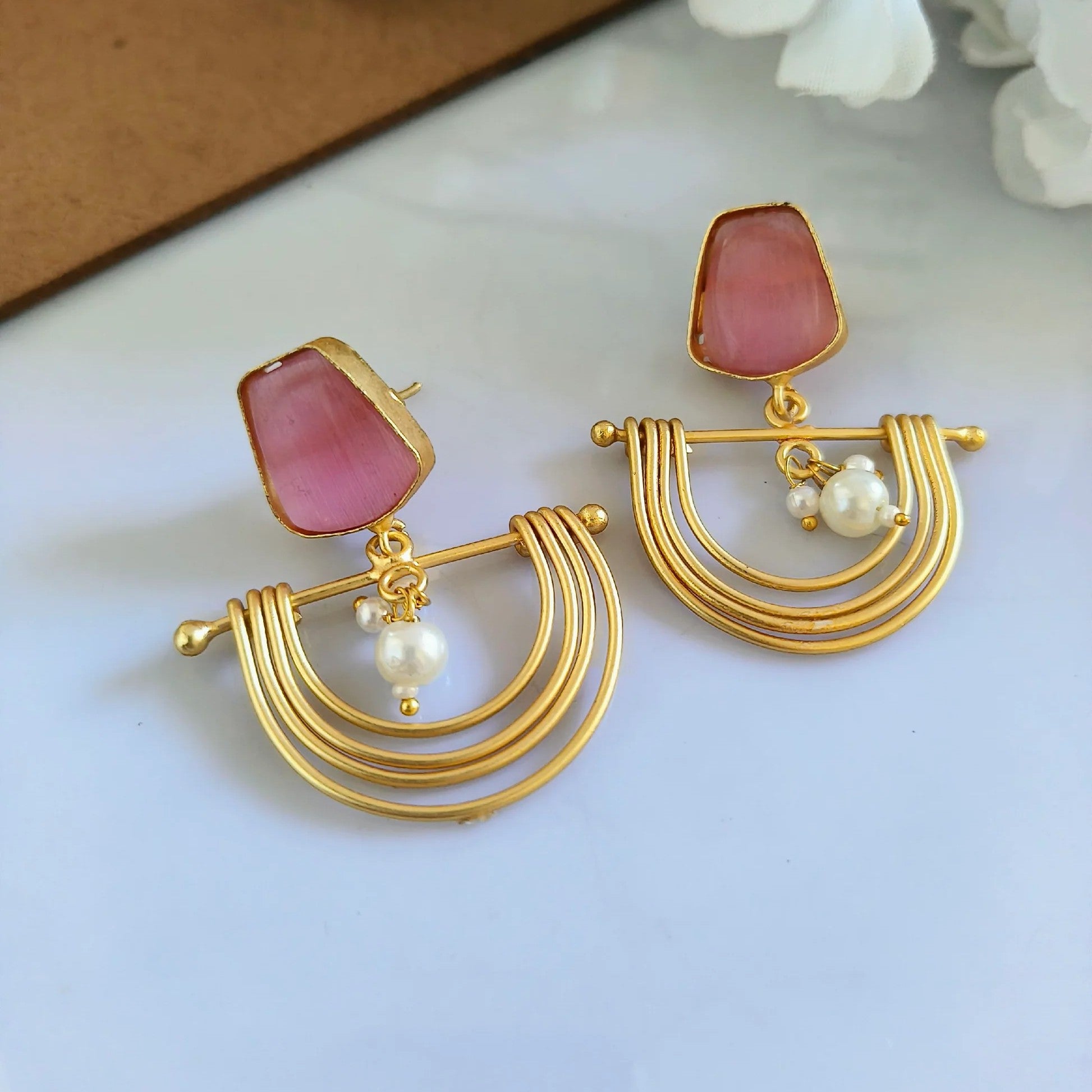 Gold-Plated Brass Pearl & Monalisa Stone Studded Dangler Earrings (Pink)
