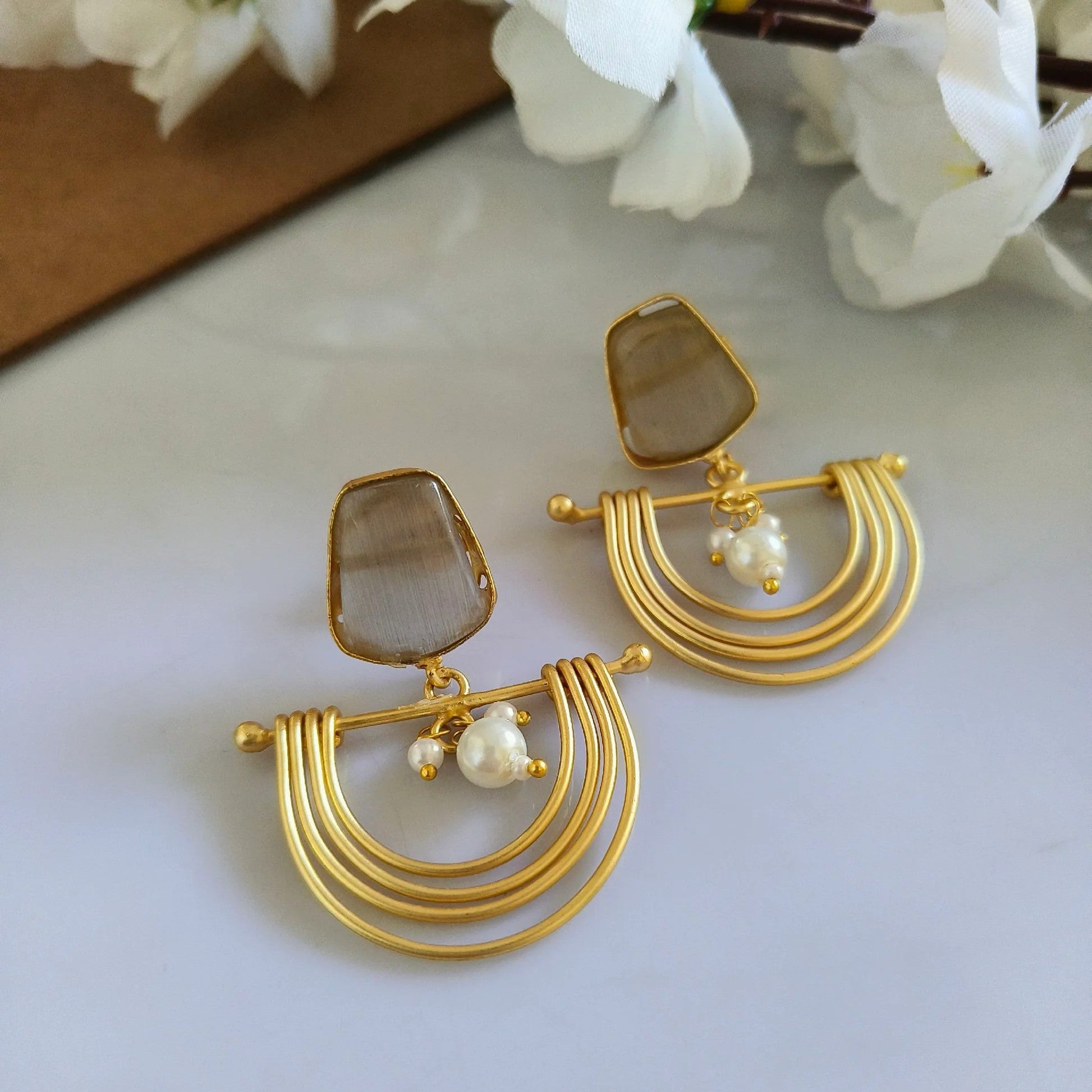 Gold-Plated Brass Pearl & Stone Studded Dangler Earrings (Off-White)