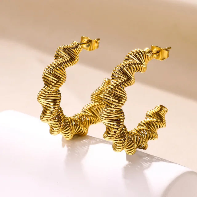 Gold-Plated C-Shaped Twisted Spiral Hoop Earrings