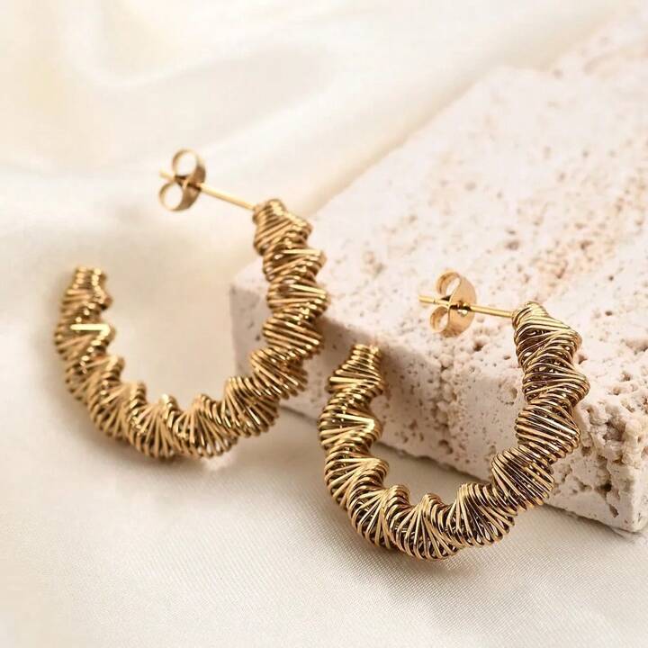 Gold-Plated C-Shaped Twisted Spiral Hoop Earrings