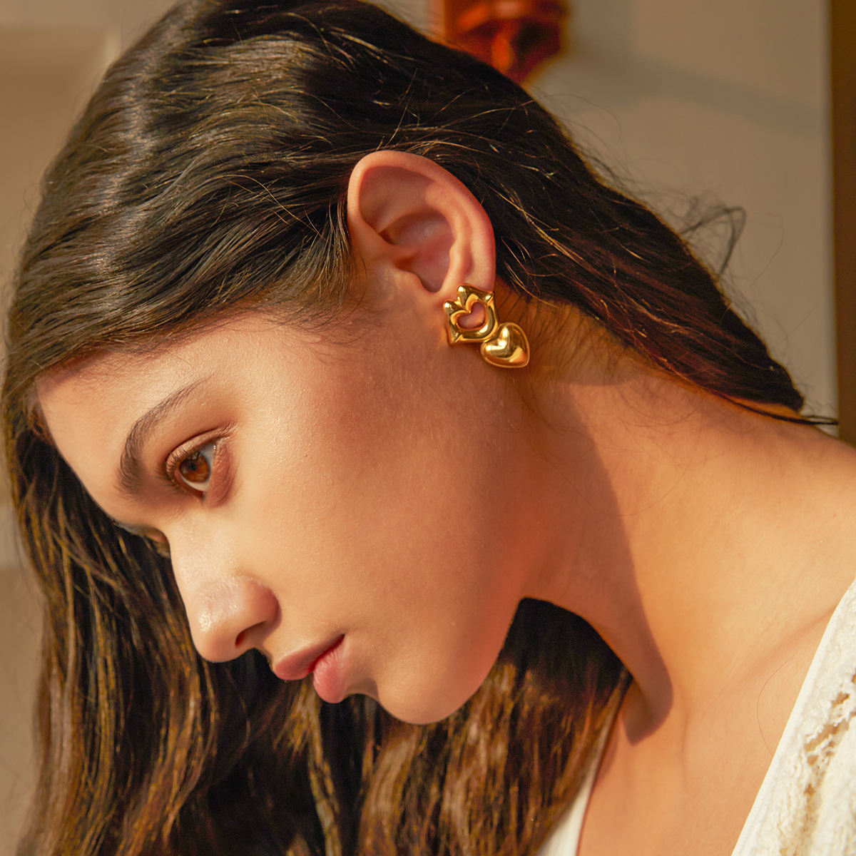 Gold-Plated Carved Lips & Heart Anti-Tarnish Drop Earrings