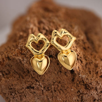 Gold-Plated Carved Lips & Heart Anti-Tarnish Drop Earrings