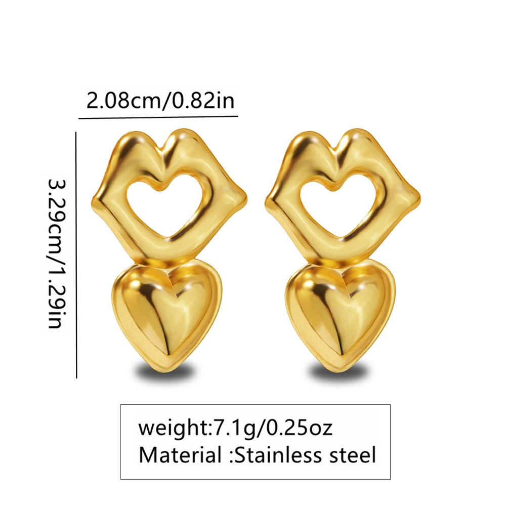 Gold-Plated Carved Lips & Heart Anti-Tarnish Drop Earrings
