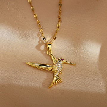 Gold-Plated Crystal Stone Hummingbird Pendant Necklace