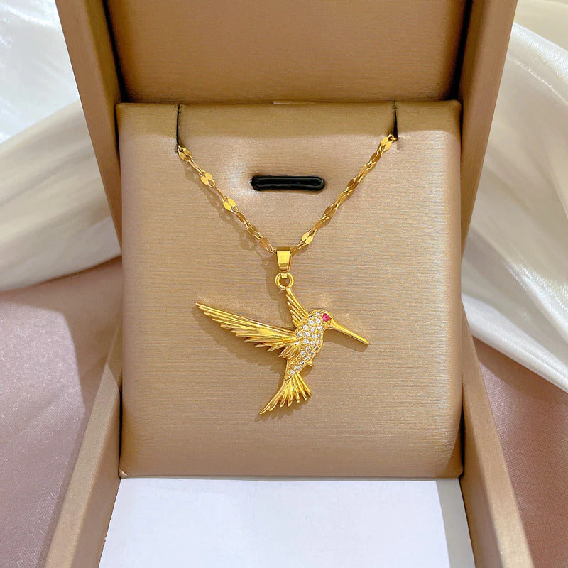 Gold-Plated Crystal Stone Hummingbird Pendant Necklace
