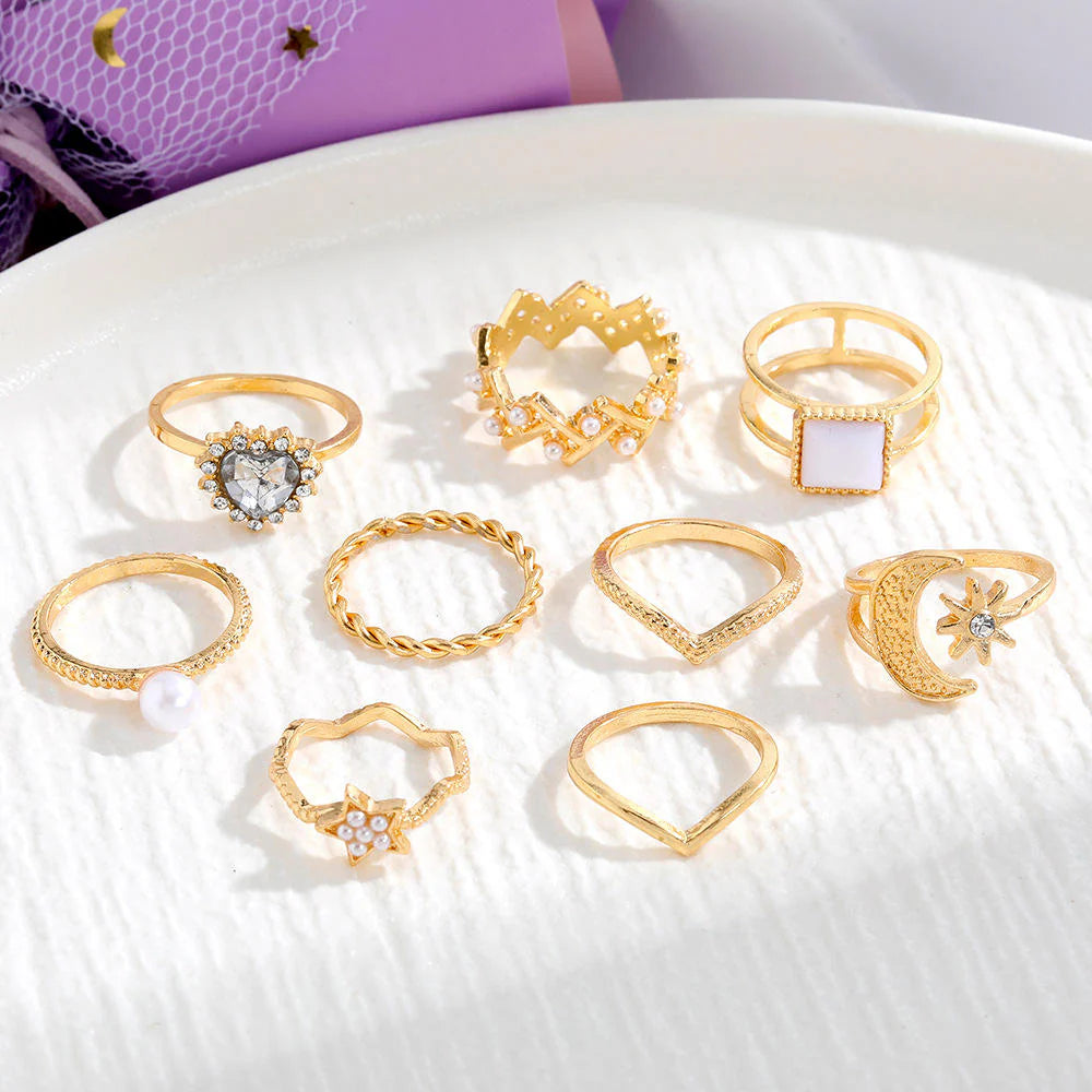 Gold-Plated Crystal Studded Stacking Rings 9-Pack