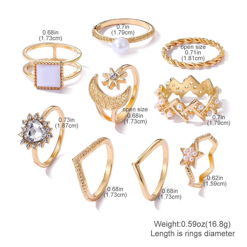 Gold-Plated Crystal Studded Stacking Rings 9-Pack