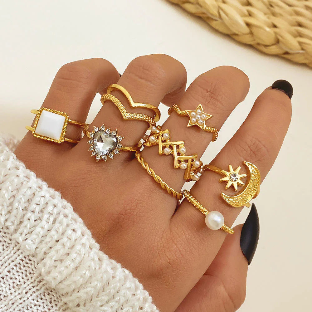 Gold-Plated Crystal Studded Stacking Rings 9-Pack