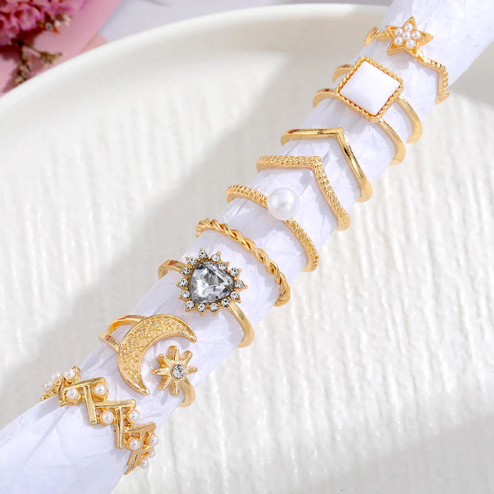 Gold-Plated Crystal Studded Stacking Rings 9-Pack