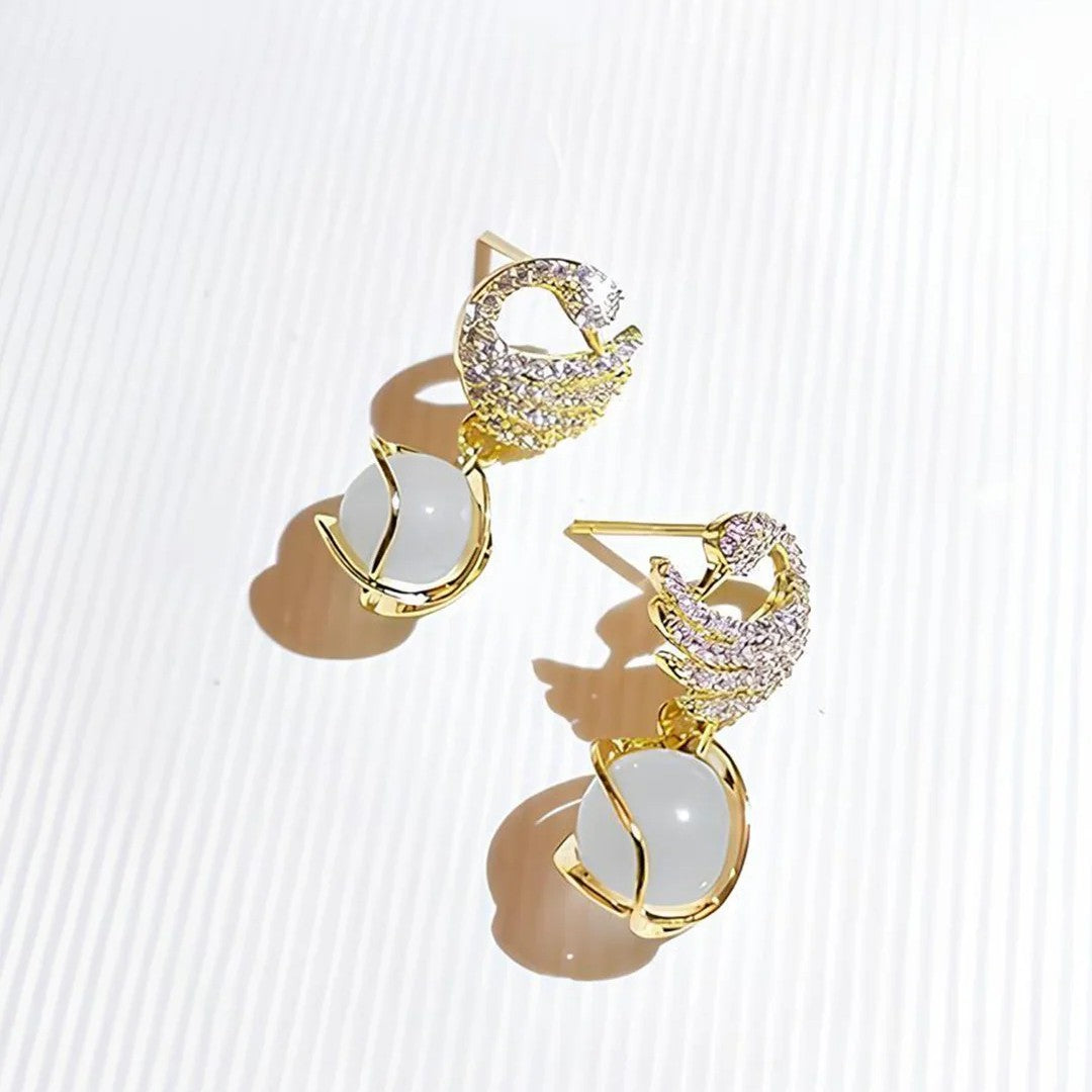 Gold-Plated Crystal Studded Swan Korean Pearl Drop Earrings