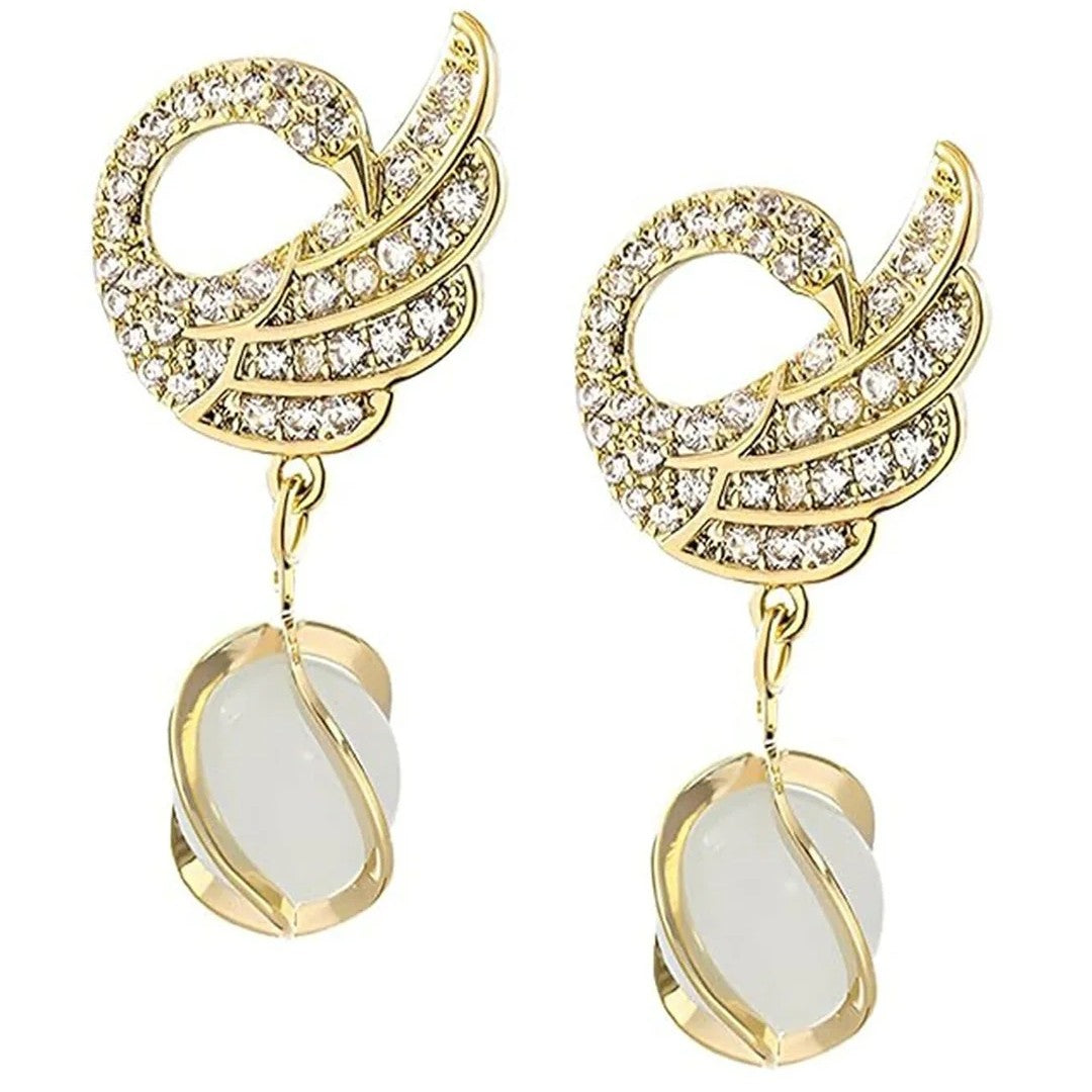 Gold-Plated Crystal Studded Swan Korean Pearl Drop Earrings