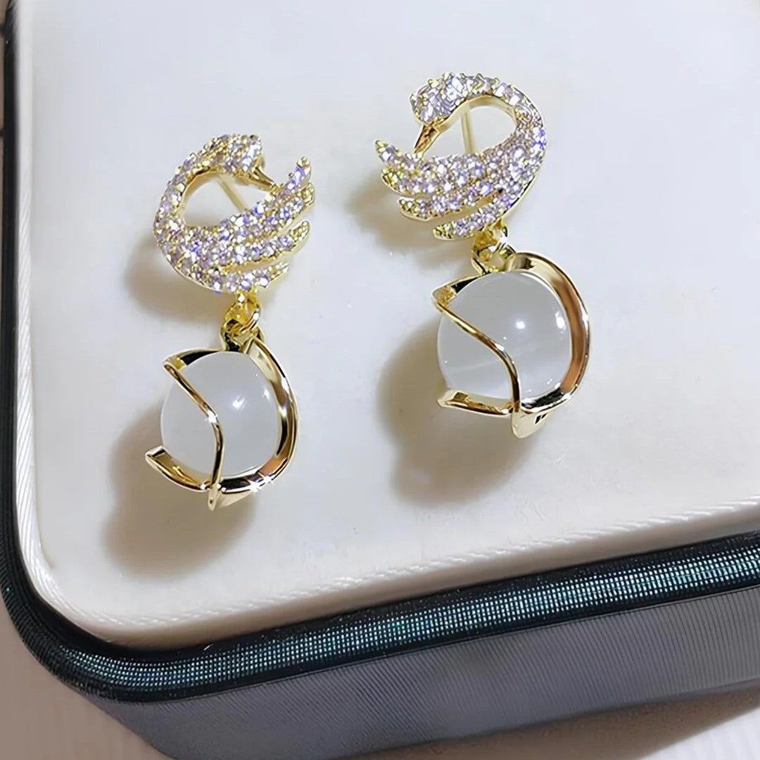 Gold-Plated Crystal Studded Swan Korean Pearl Drop Earrings