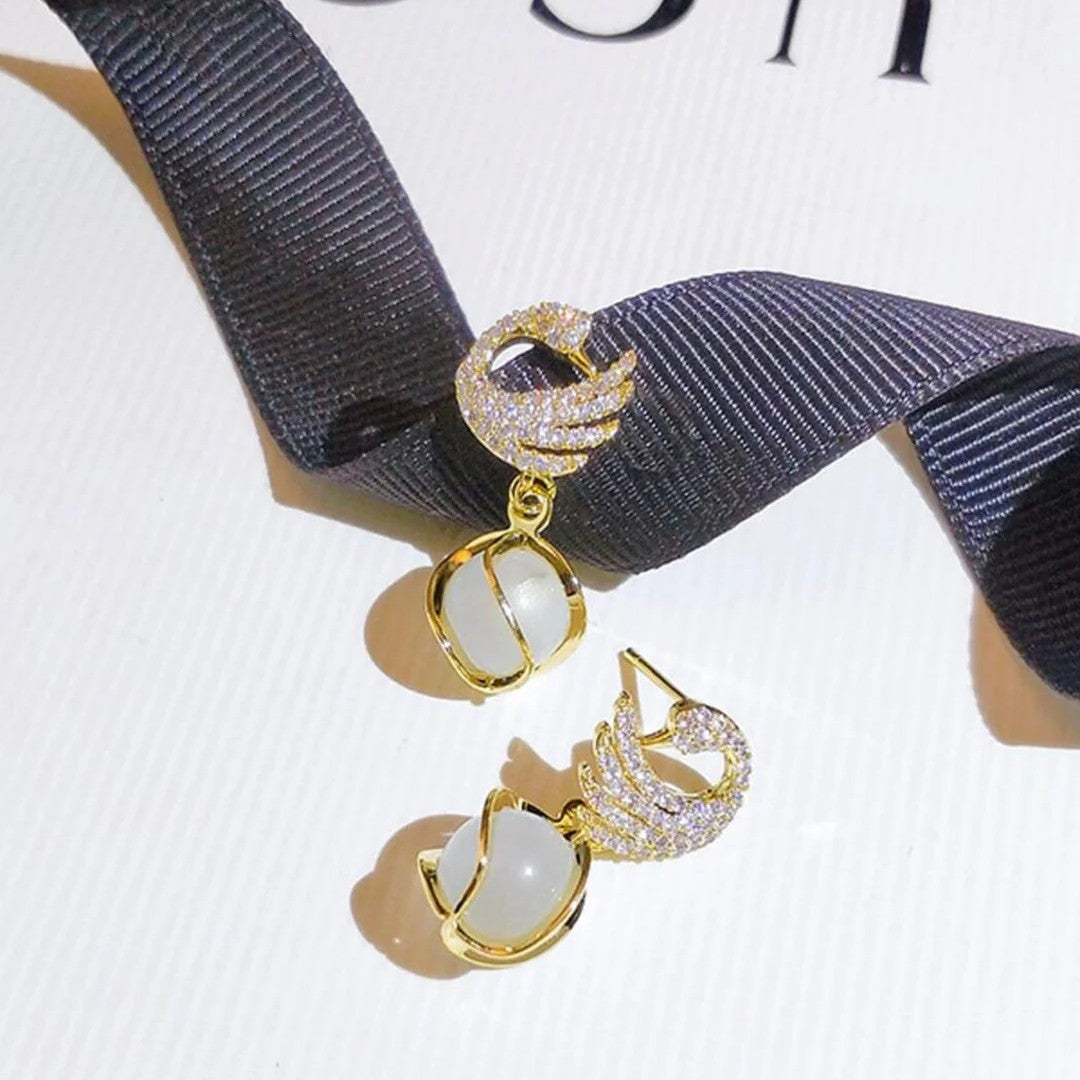 Gold-Plated Crystal Studded Swan Korean Pearl Drop Earrings