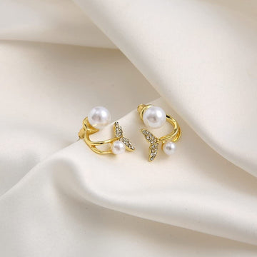 Gold-Plated Crystal & Pearl Studded Fishtail Stud Earrings