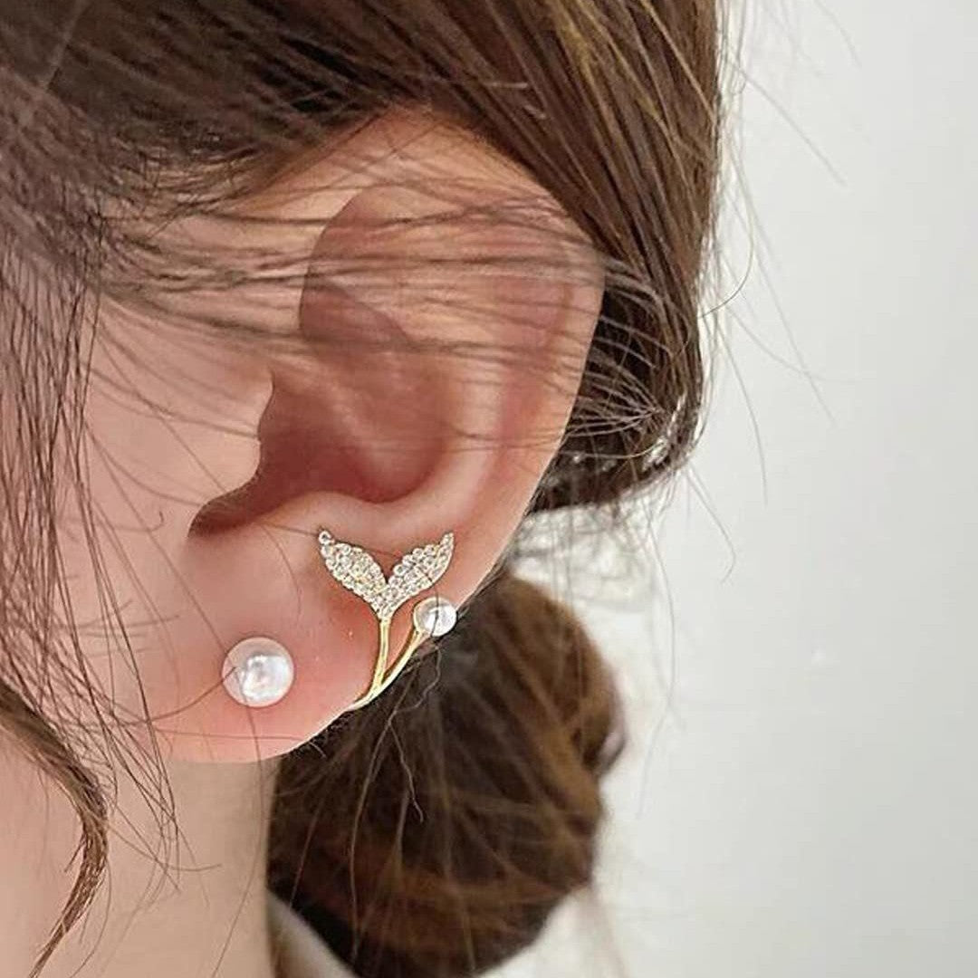 Gold-Plated Crystal & Pearl Studded Fishtail Stud Earrings