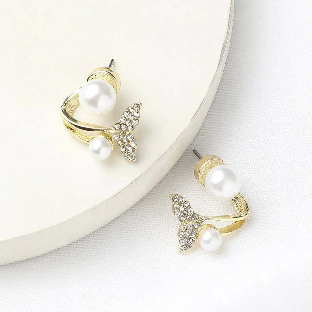 Gold-Plated Crystal & Pearl Studded Fishtail Stud Earrings
