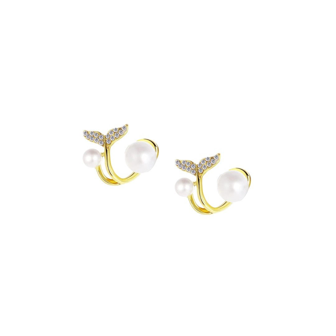 Gold-Plated Crystal & Pearl Studded Fishtail Stud Earrings