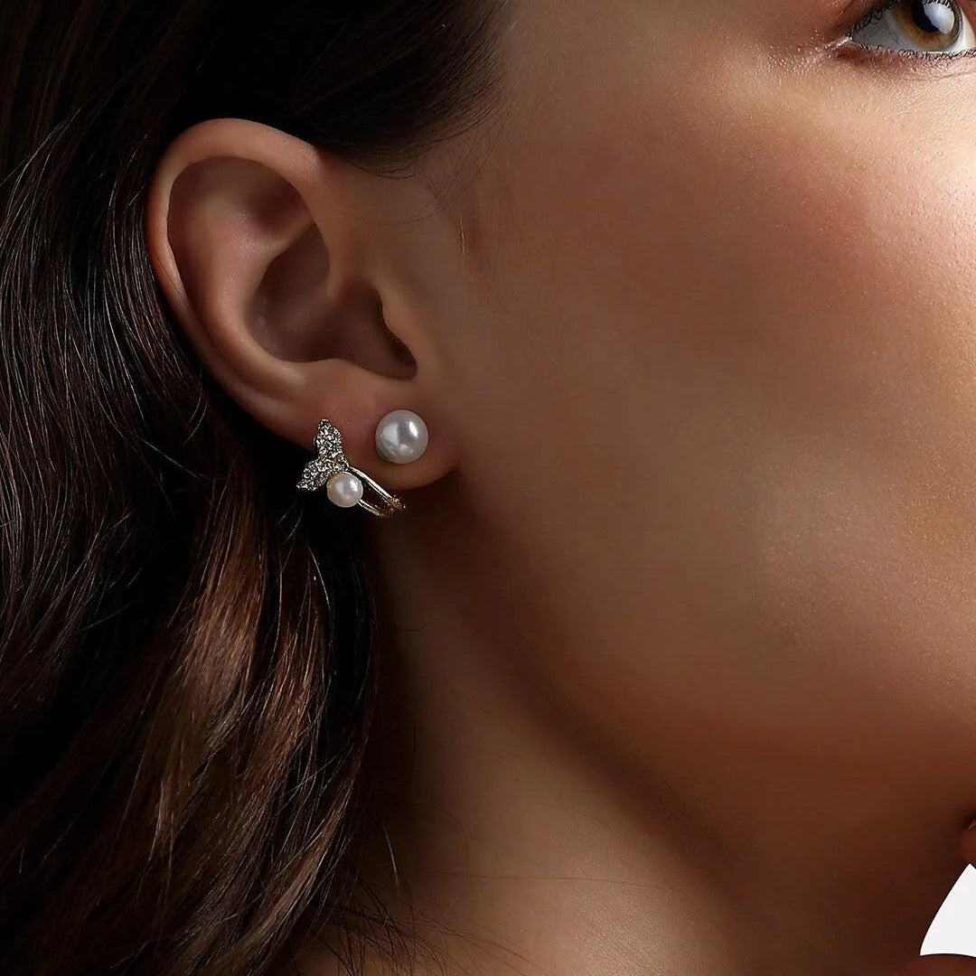 Gold-Plated Crystal & Pearl Studded Fishtail Stud Earrings