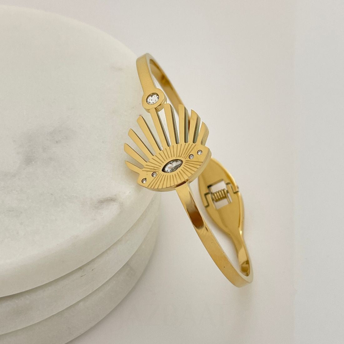 Gold-Plated Cubic Zirconia Evil Eye Handcuff Openable Kada Bracelet