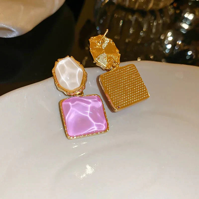 Gold-Plated Dual-Tone White & Purple Crystal Korean Drop Earrings