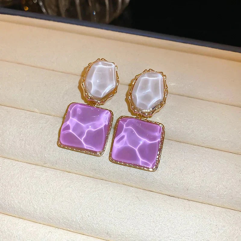 Gold-Plated Dual-Tone White & Purple Crystal Korean Drop Earrings