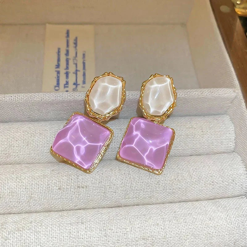 Gold-Plated Dual-Tone White & Purple Crystal Korean Drop Earrings