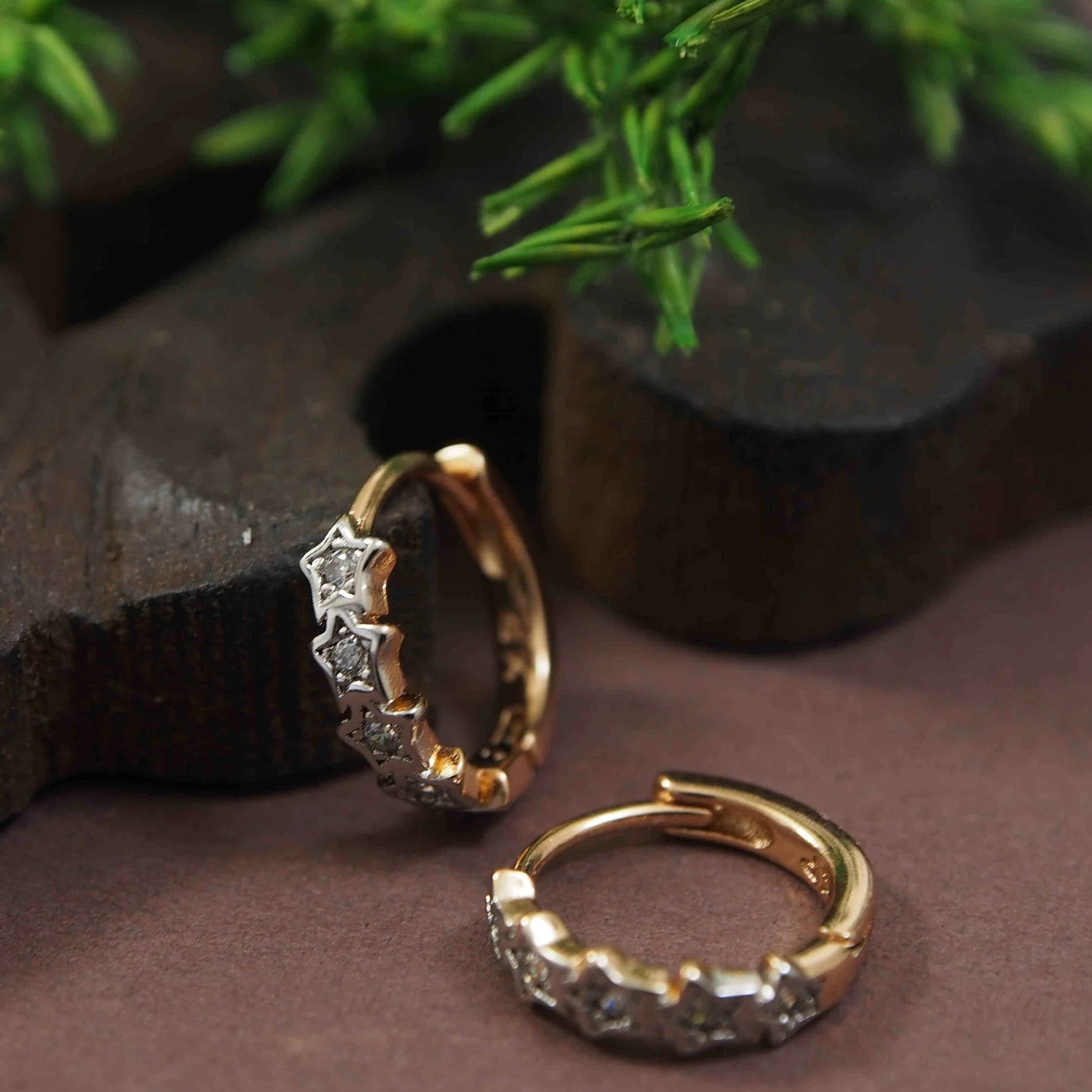 Gold-Plated Five-Star CZ Stone Studded Hoop Earrings