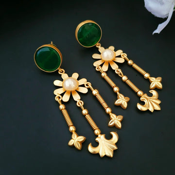 Gold-Plated Floral Design Matte Finish Pearl Dangler Earrings, Green (MERDRP113)