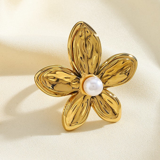 Gold-Plated Flower Design French Pearl Open Ring