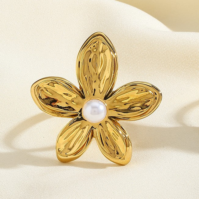 Gold-Plated Flower Design French Pearl Open Ring