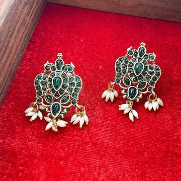 Gold-Plated Green Stone-Studded Handmade Traditional Beaded Earrings