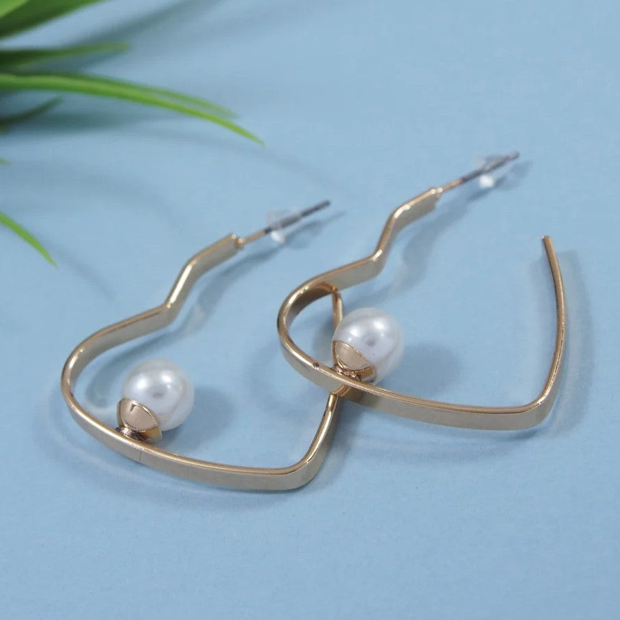 Gold-Plated Heart Design Pearl Studded Hoop Earrings