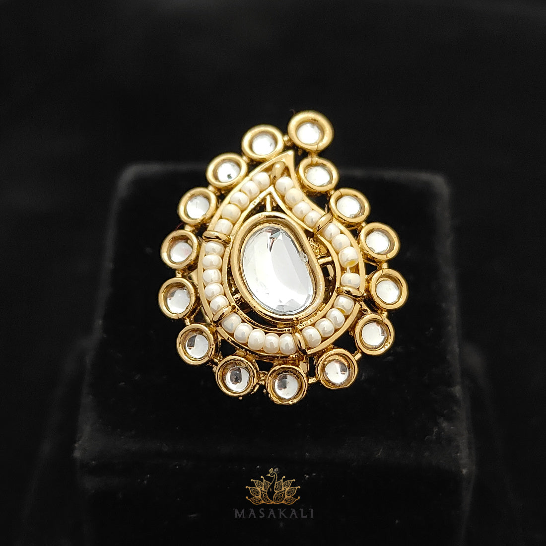Gold-Plated Indo-Western Adjustable Seed Beaded Kundan Ring