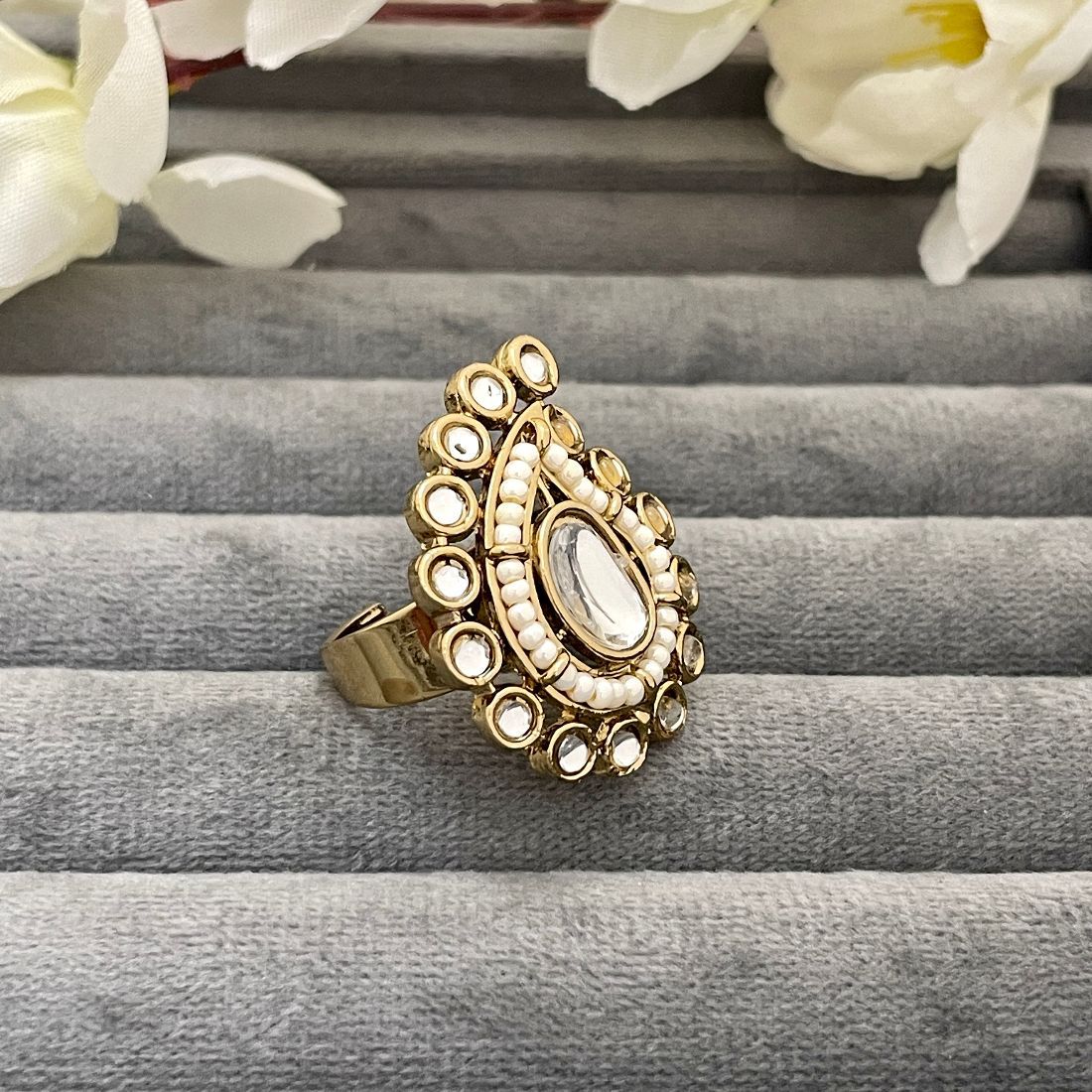Gold-Plated Indo-Western Adjustable Seed Beaded Kundan Ring