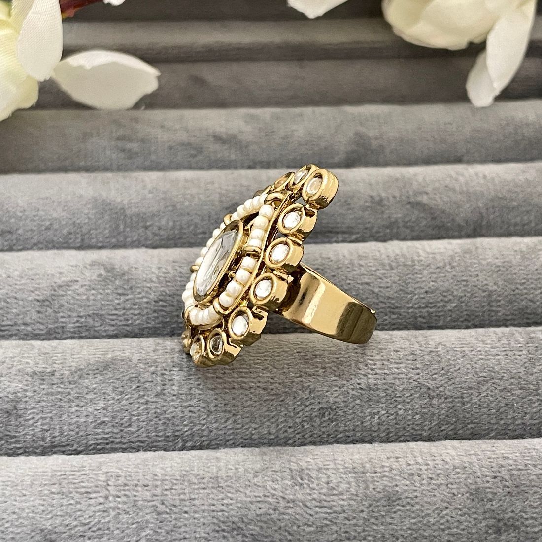 Gold-Plated Indo-Western Adjustable Seed Beaded Kundan Ring