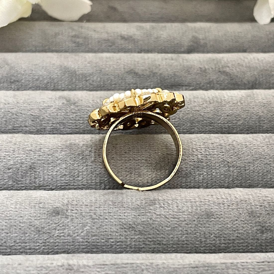 Gold-Plated Indo-Western Adjustable Seed Beaded Kundan Ring