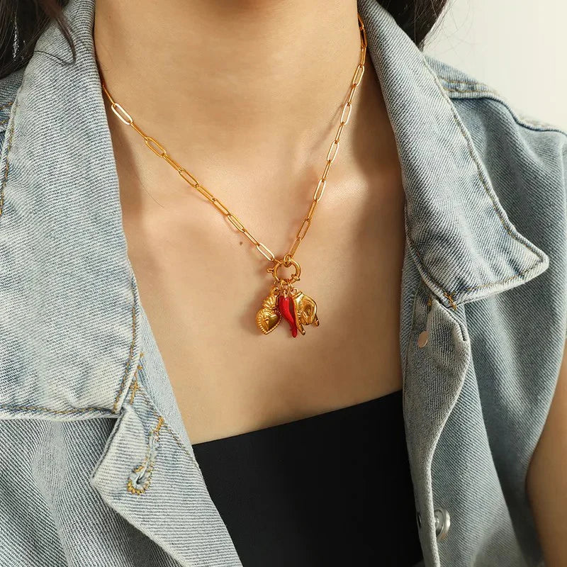 Gold-Plated Italian Horned Hand, Chili Charm, Fiery Heart Pendant Necklace