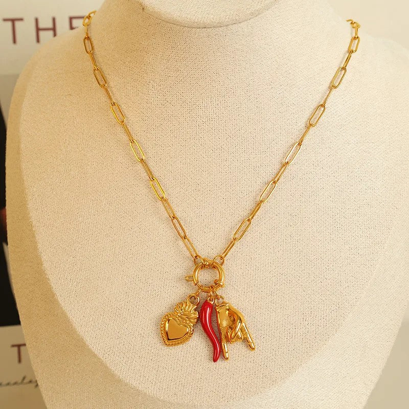 Gold-Plated Italian Horned Hand, Chili Charm, Fiery Heart Pendant Necklace