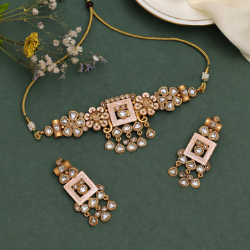 Gold-Plated Kundan Embellished Meenakari Choker Necklace Set