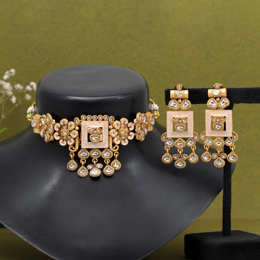 Gold-Plated Kundan Embellished Meenakari Choker Necklace Set