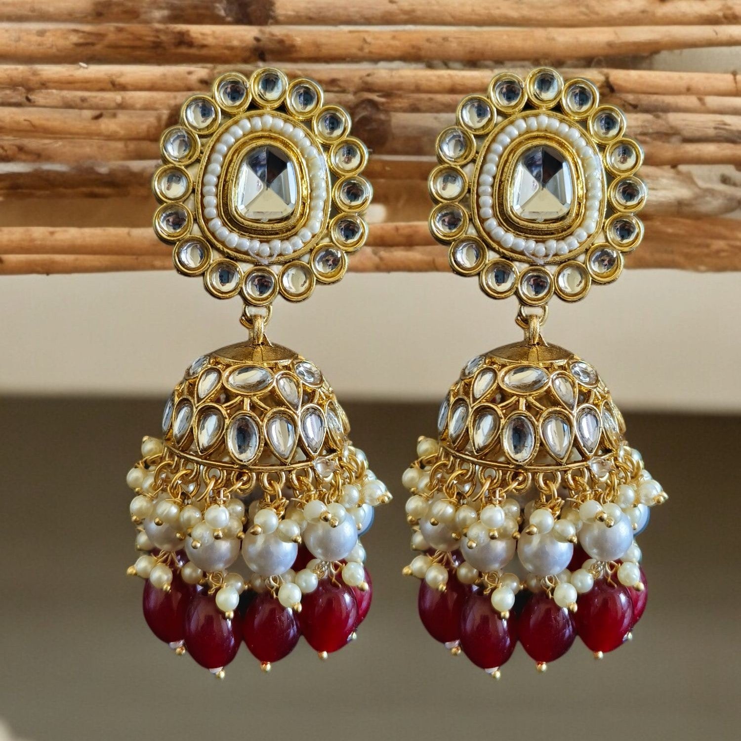 Gold-Plated Kundan Stone Studded Beaded Jhumka Earrings
