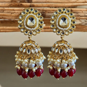 Gold-Plated Kundan Stone Studded Beaded Jhumka Earrings